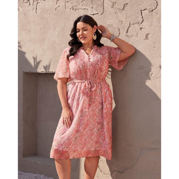 Plus Size Pink Floral Boho Midi Dress V Neck Pockets High Waist Casual - Picture 3 of 7